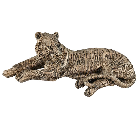 Tiger Resting Sculpture Silver Tone Wild Animal Art Statue Lying Big Cat Decor - Picture 1 of 11